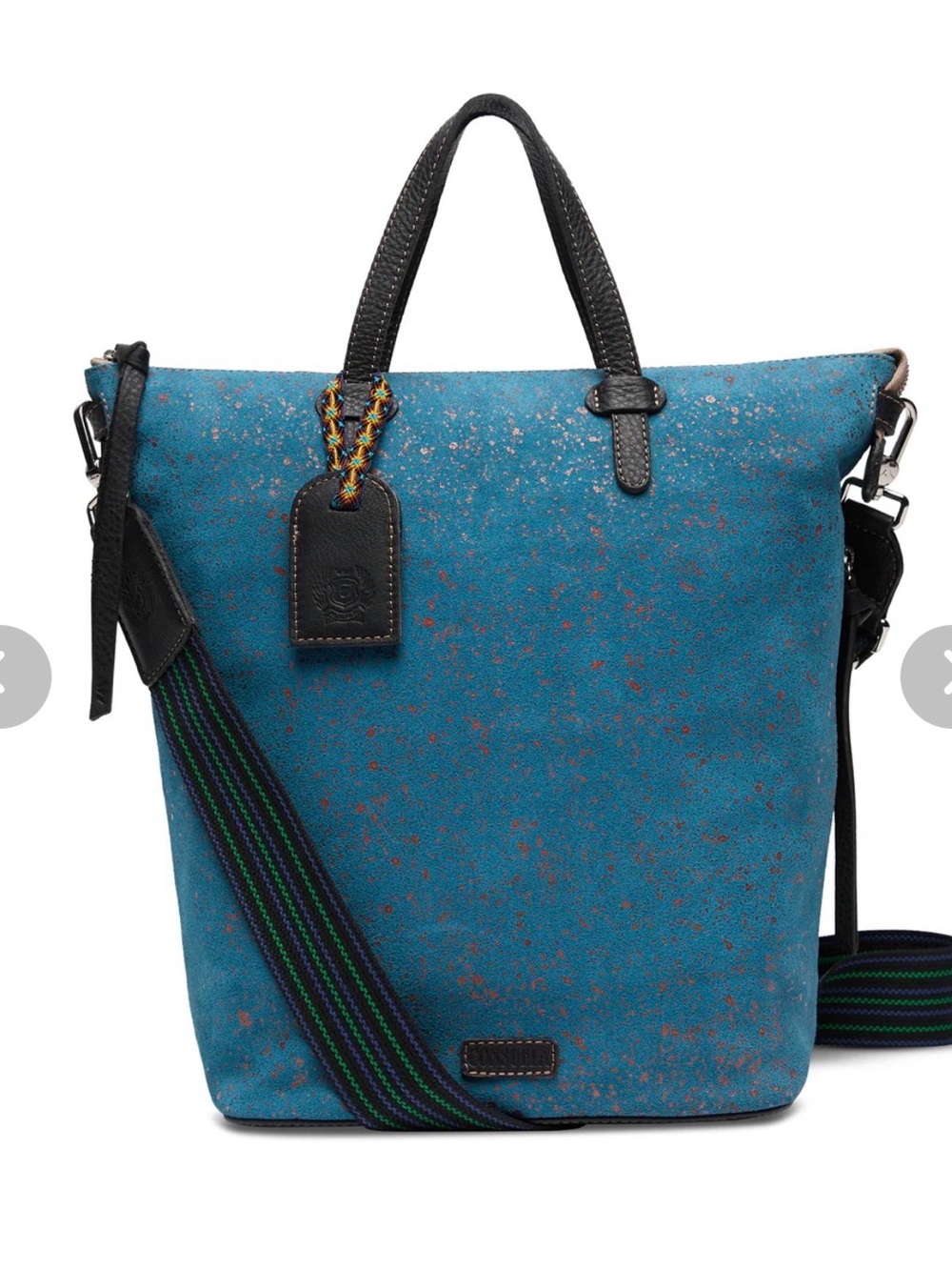 Consuela Teal Suede Tote with Black Trim and Striped Strap